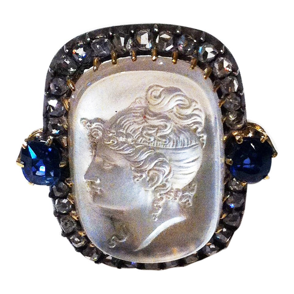 19th Century Carved Moonstone, Diamond and Sapphire Ring For Sale