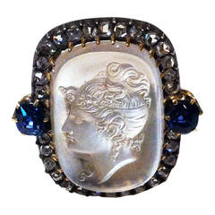 19th Century Carved Moonstone, Diamond and Sapphire Ring