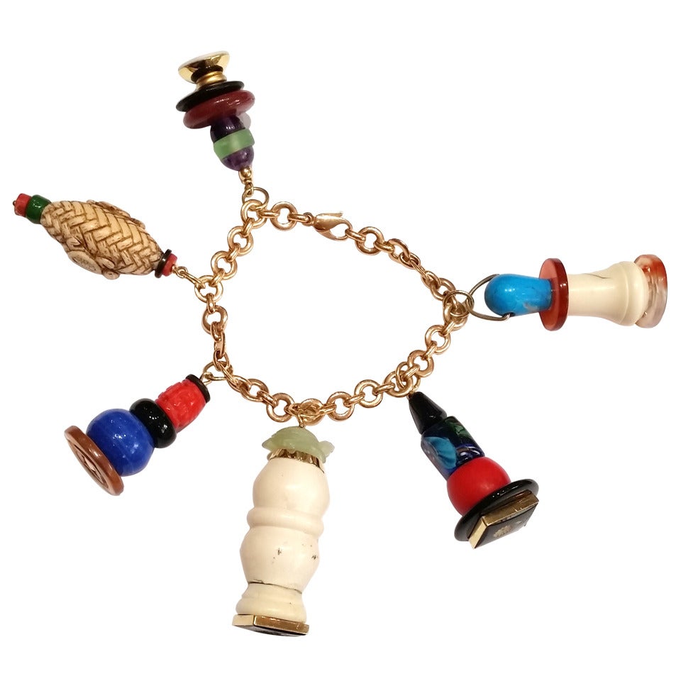 Gem Set Gold Totem Charm Bracelet For Sale at 1stDibs