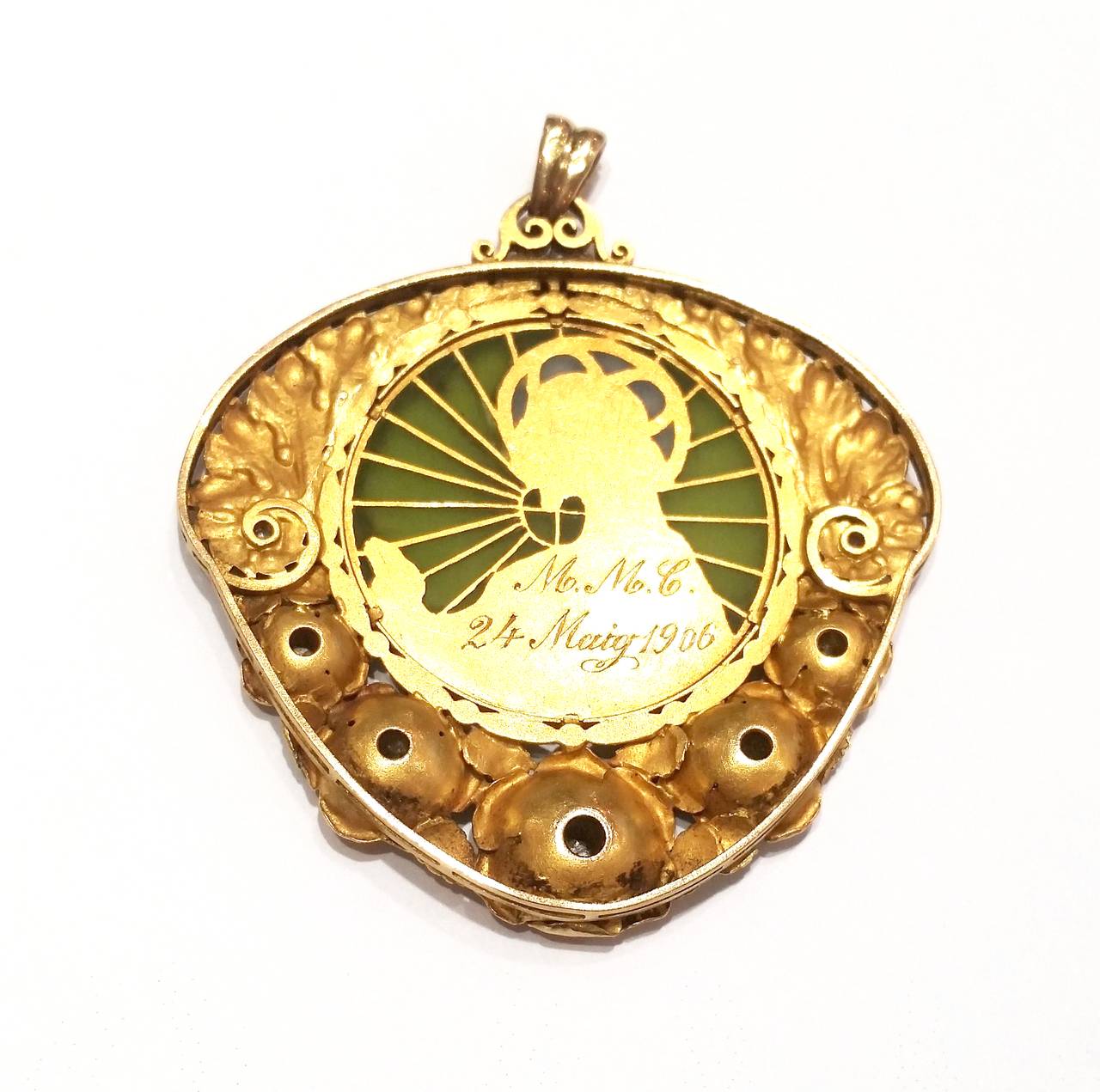 Art Nouveau Masriera Plique-a-Jour Enamel Diamond Gold Religious Pendant