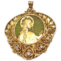 Antique Art Nouveau Masriera Plique-a-Jour Enamel Diamond Gold Religious Pendant