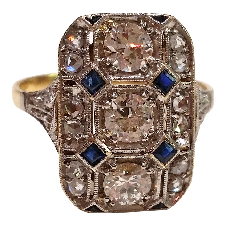Art Deco Diamond and Sapphire Ring For Sale