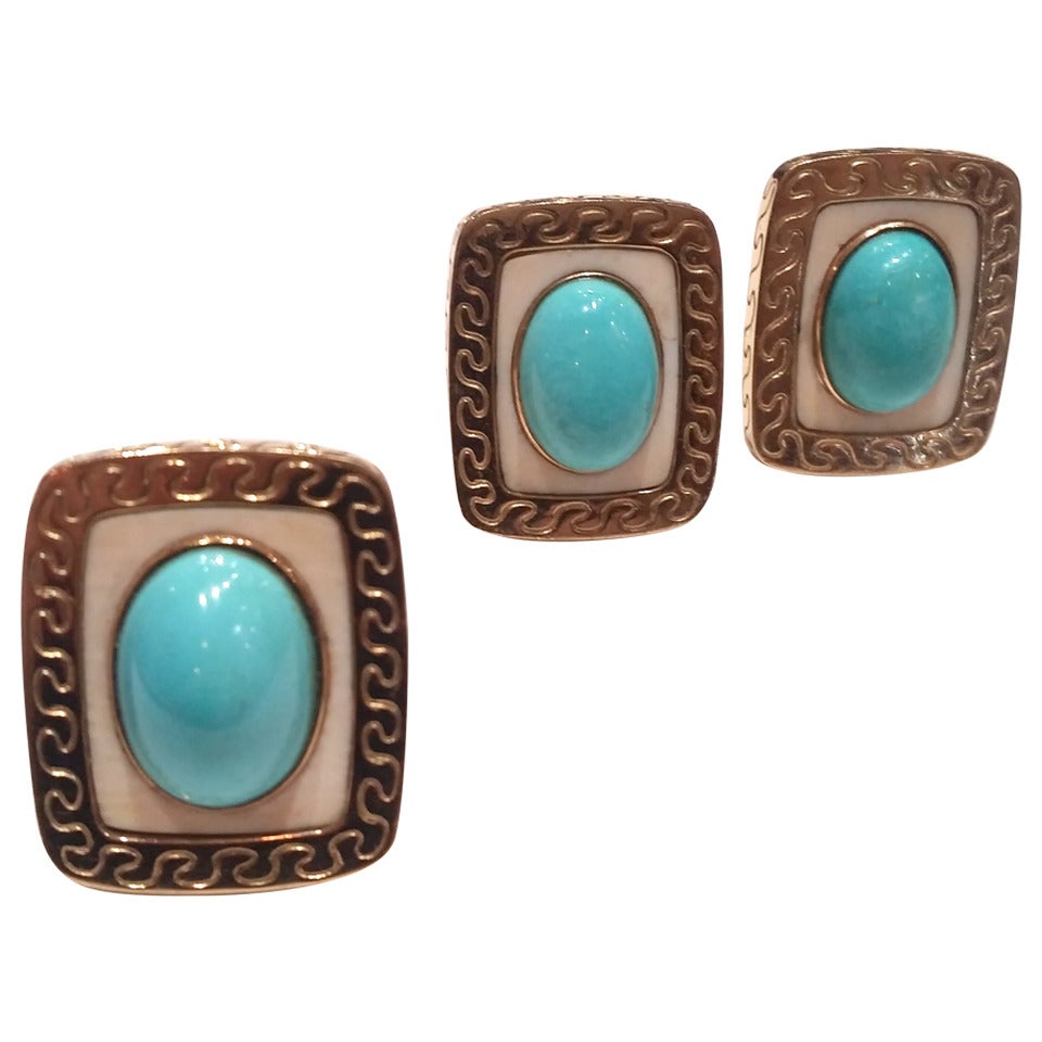 1970s Turquoise and Gold Earrings and Ring For Sale