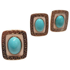 1970s Turquoise and Gold Earrings and Ring