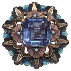 Catalan Art Deco Enamel Blue Spinel Silver Brooch