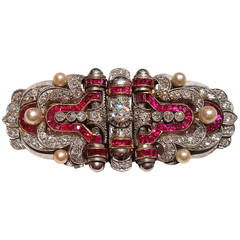 Art Deco Ruby Pearl Diamond Gold Platinum Double-Clip Brooch