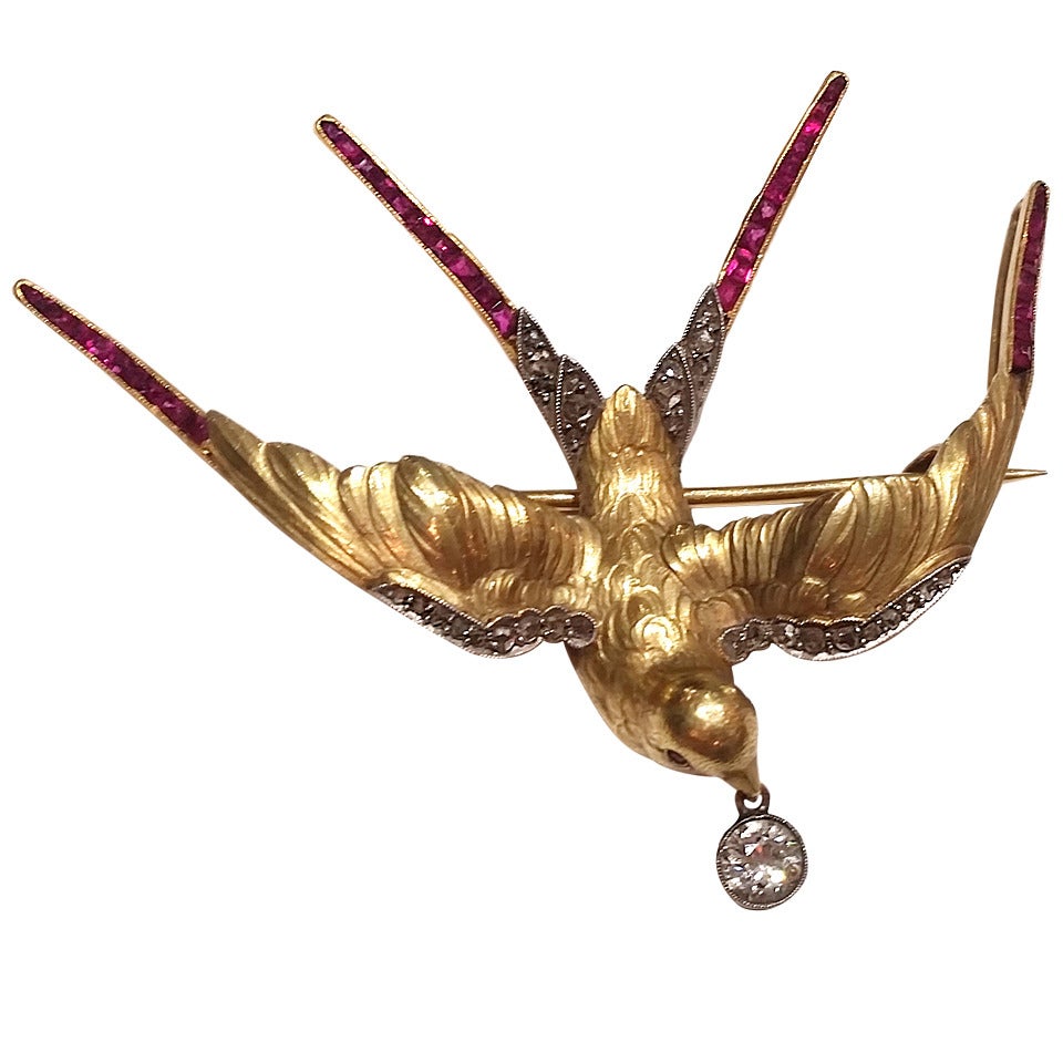 Art Nouveau Ruby Diamond Gold Platinum Bird Pendant Brooch For Sale