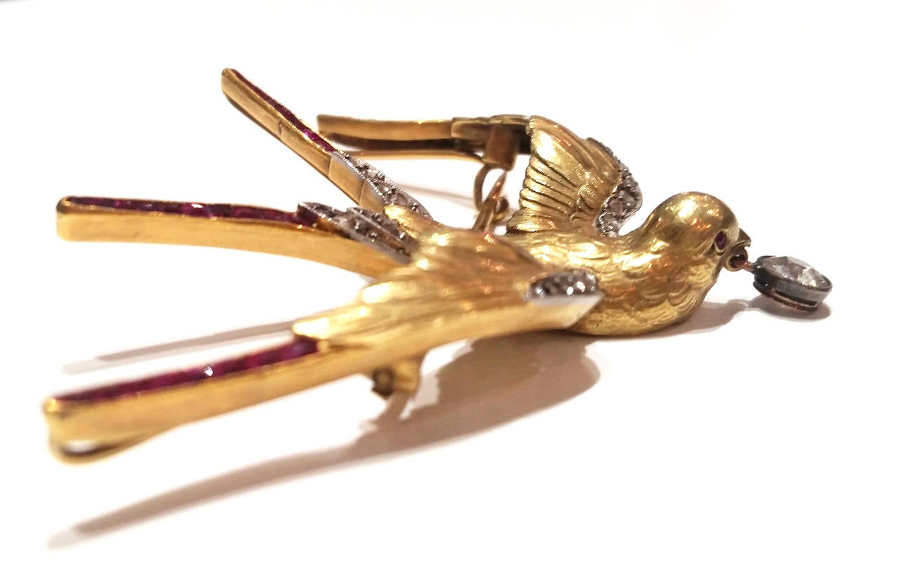 Art Nouveau Ruby Diamond Gold Platinum Bird Pendant Brooch