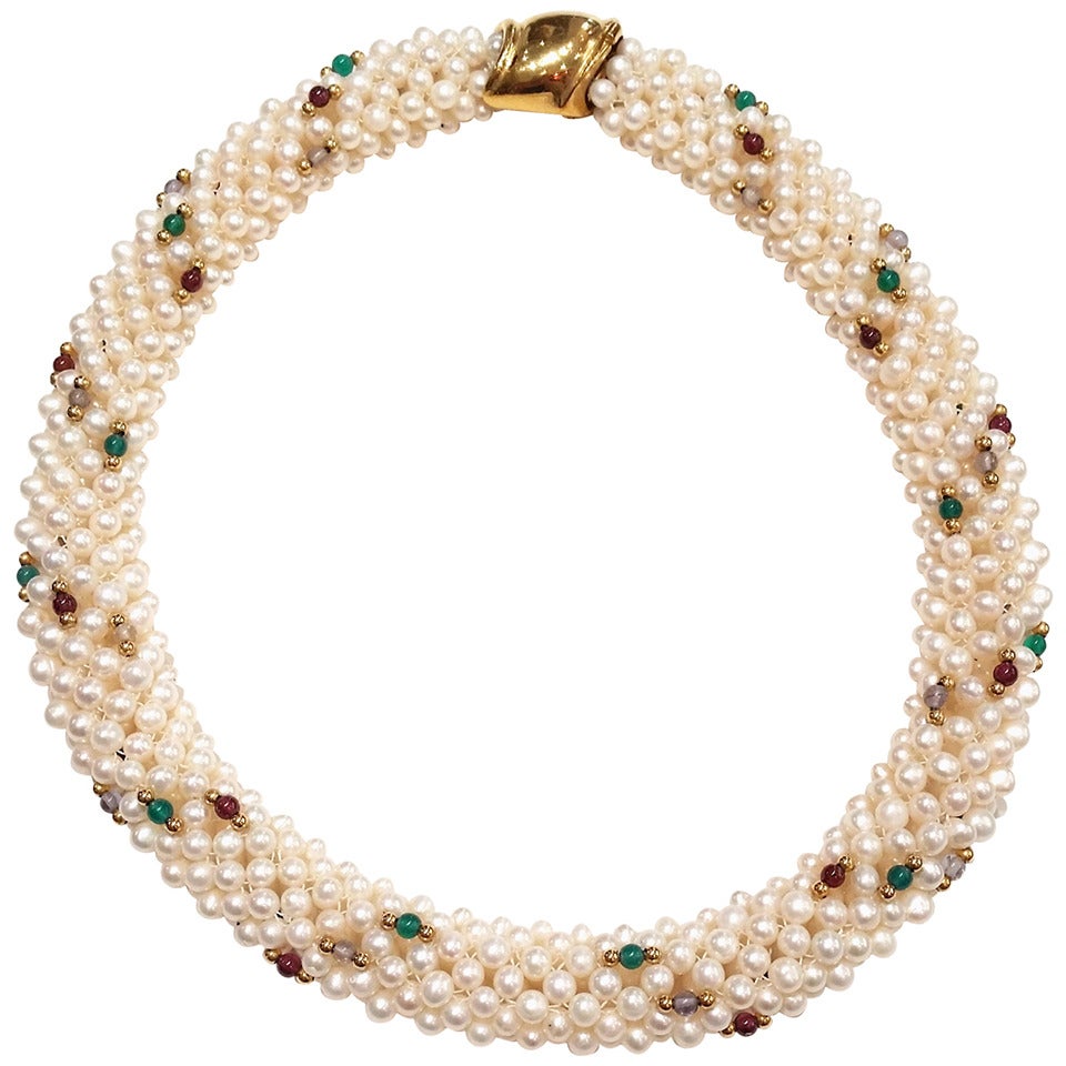 Pearl Gem Set Gold Bead Mesh Necklace For Sale
