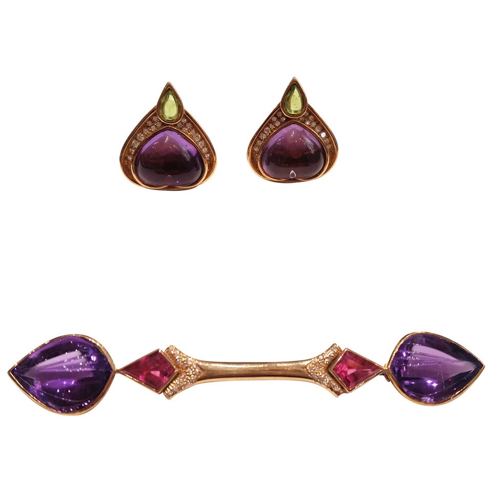 Amethyst Tourmaline Diamond Gold Earrings and Brooch Suite For Sale