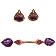 Amethyst Tourmaline Diamond Gold Earrings and Brooch Suite