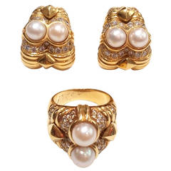 Pearl Diamond Gold Earrings and Ring Suite