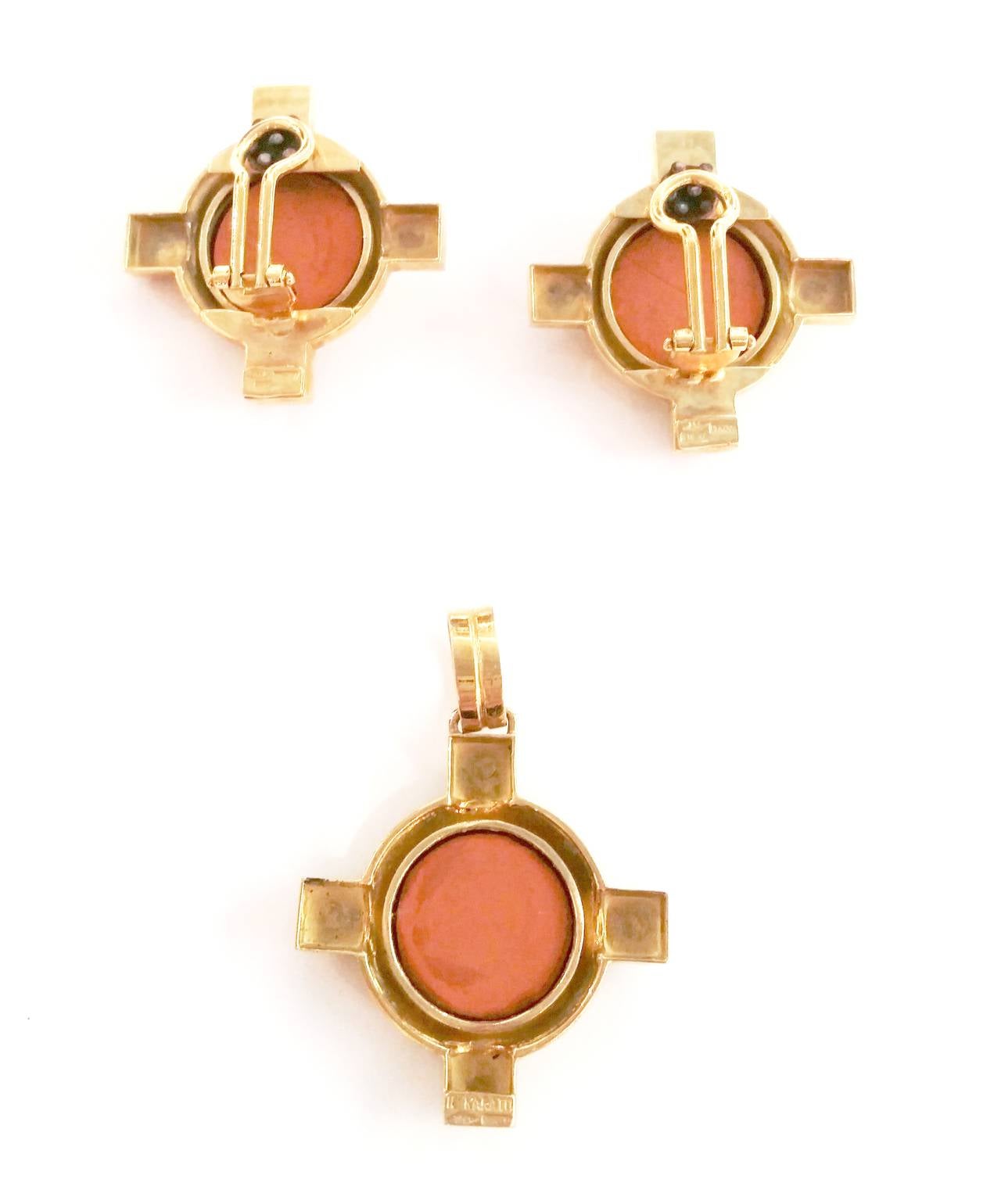 Italian Terracotta Cameo Lapis Gold Earrings and Pendant