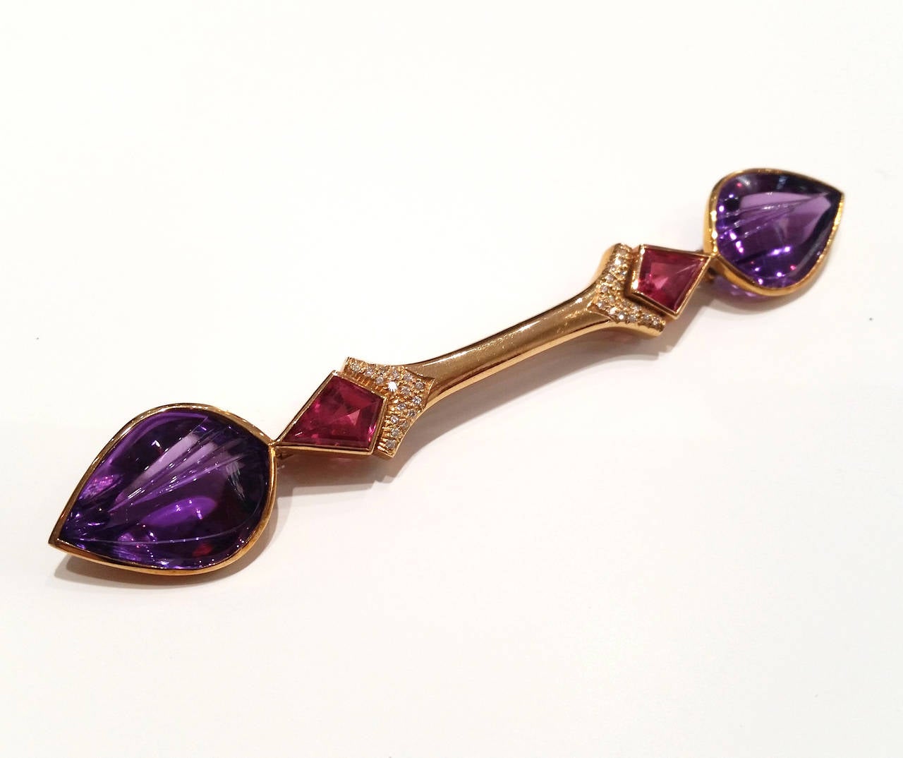 Women's or Men's Amethyst Tourmaline Diamond Gold Earrings and Brooch Suite For Sale