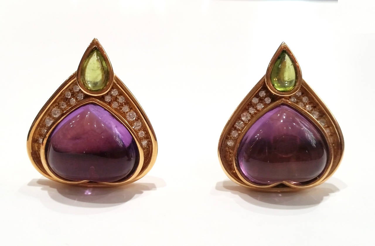 Amethyst Tourmaline Diamond Gold Earrings and Brooch Suite For Sale 1