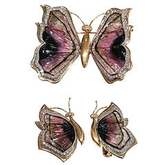 Vintage Watermelon Tourmaline Diamond Gold Earrings and Brooch Butterfly Suite