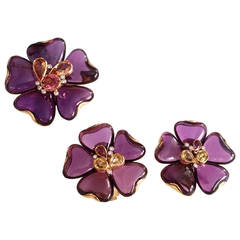 Amethyst Diamond Gem Set Gold Earrings and Brooch Flower Suite
