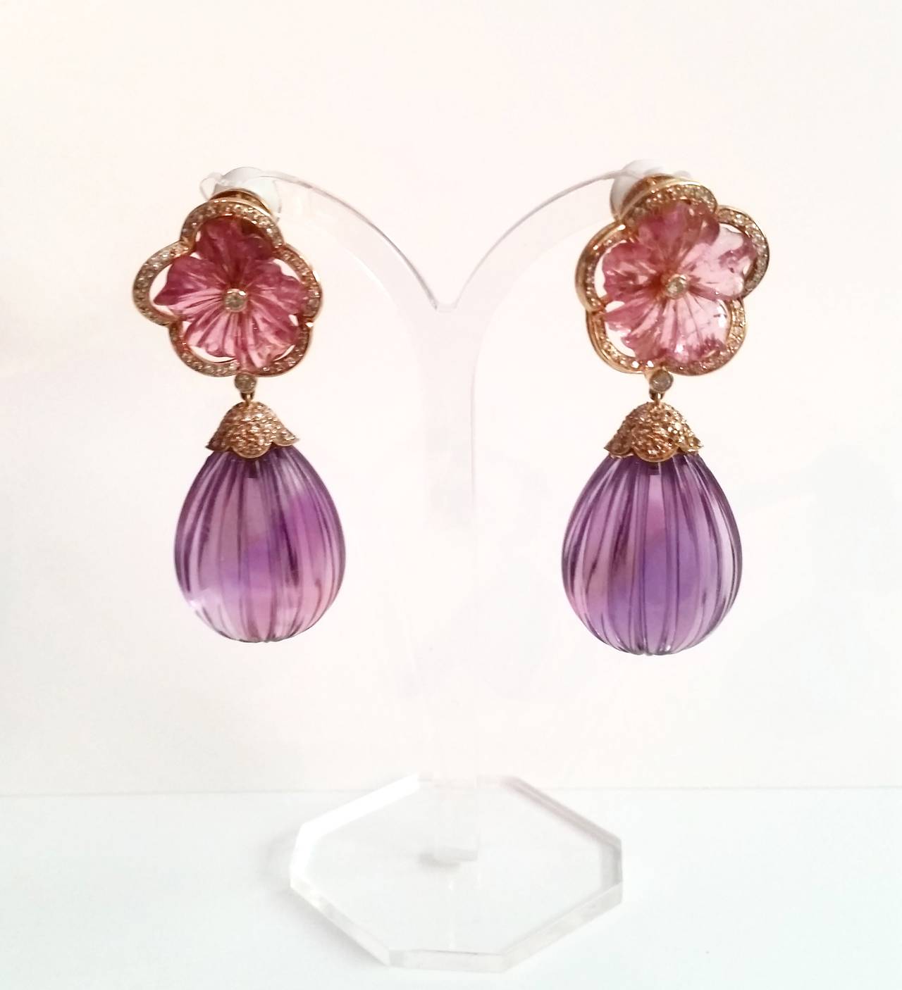 Amethyst Tourmaline Diamond Gold Flower Earrings