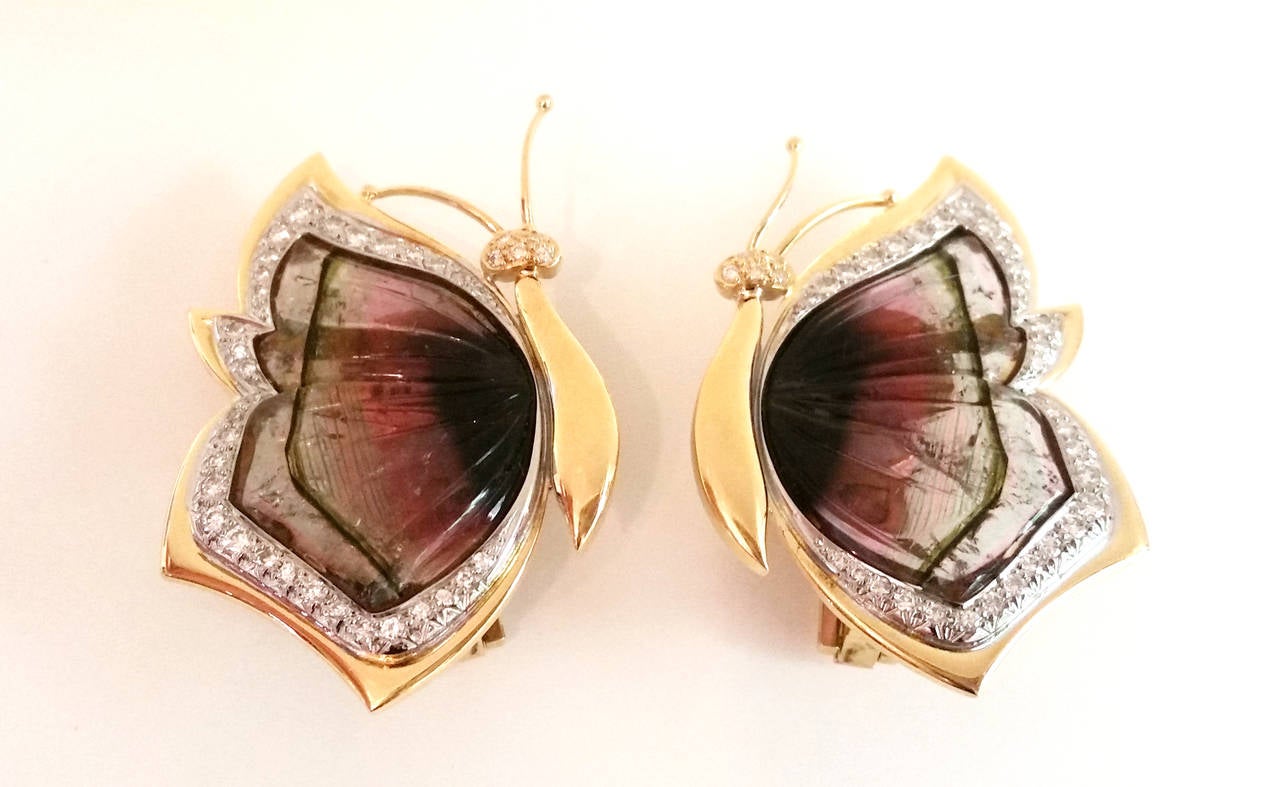 Watermelon Tourmaline Diamond Gold Earrings and Brooch Butterfly Suite In Excellent Condition For Sale In Barcelona, ES