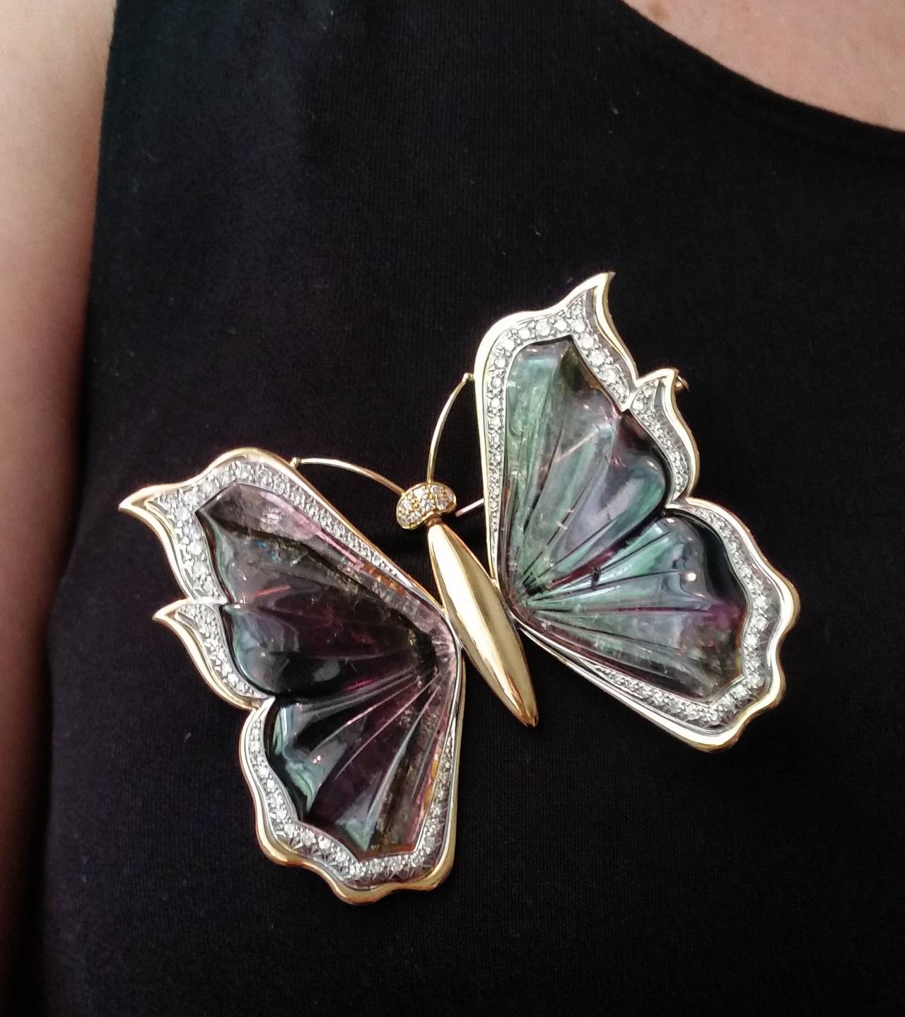 Watermelon Tourmaline Diamond Gold Earrings and Brooch Butterfly Suite For Sale 1