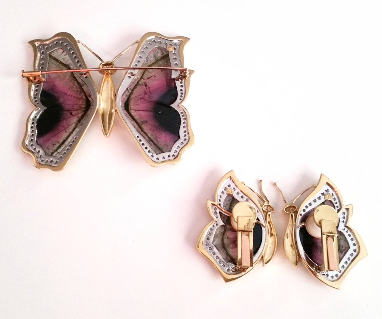 Watermelon Tourmaline Diamond Gold Earrings and Brooch Butterfly Suite For Sale 2