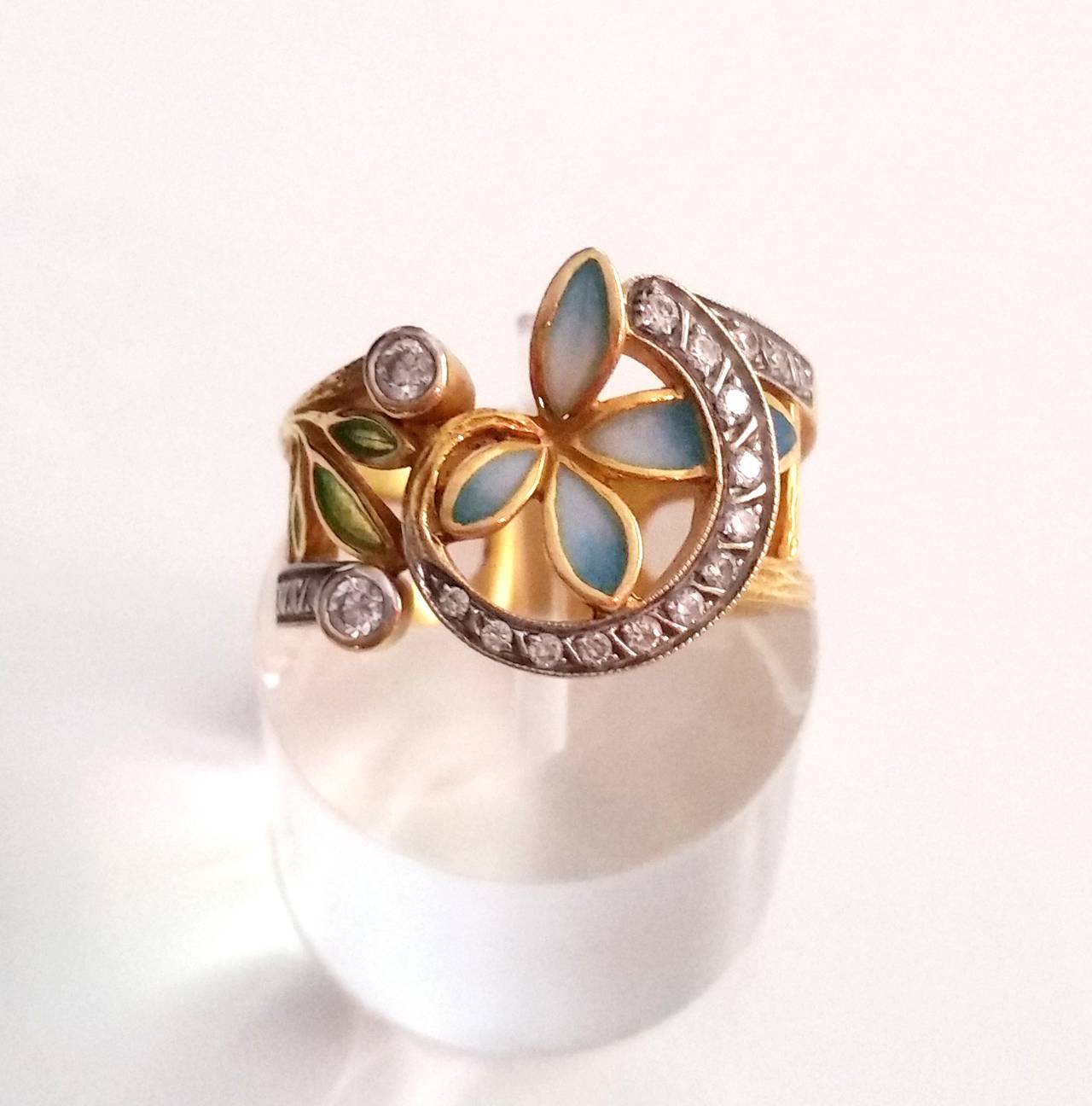 Masriera Plique-a-Jour Enamel Diamond Gold Ring