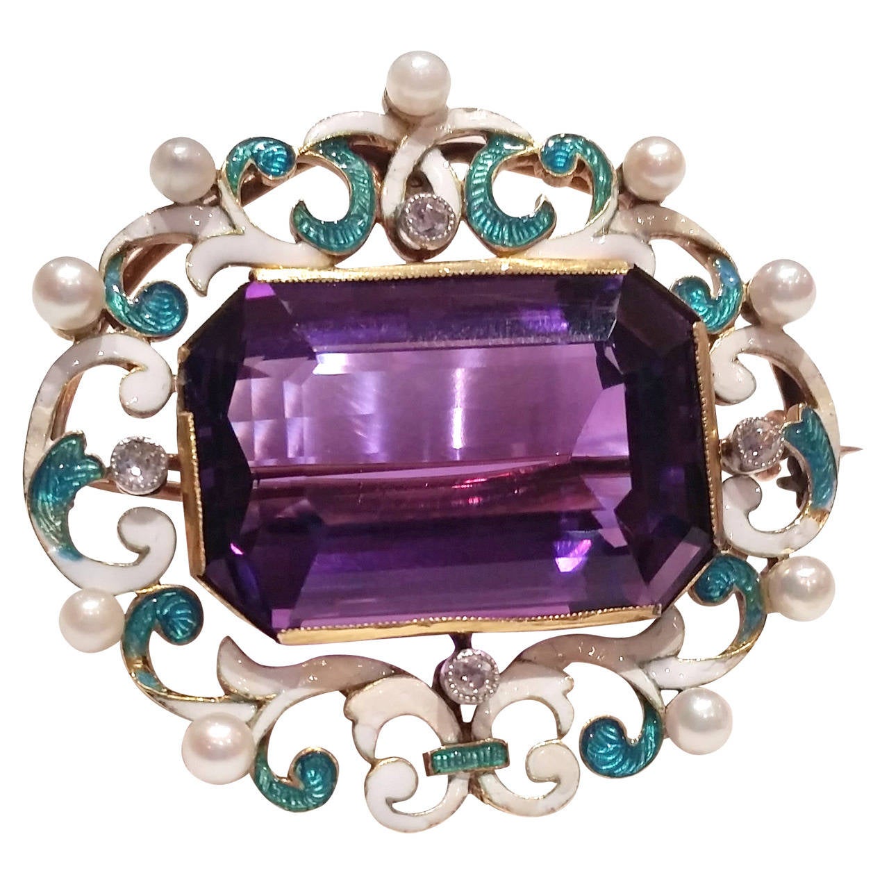 Early 20th Century Enamel Diamond Pearl Amethyst Suffragette Brooch For Sale