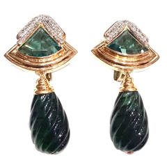 Green Tourmaline Diamond Gold Ear Clips