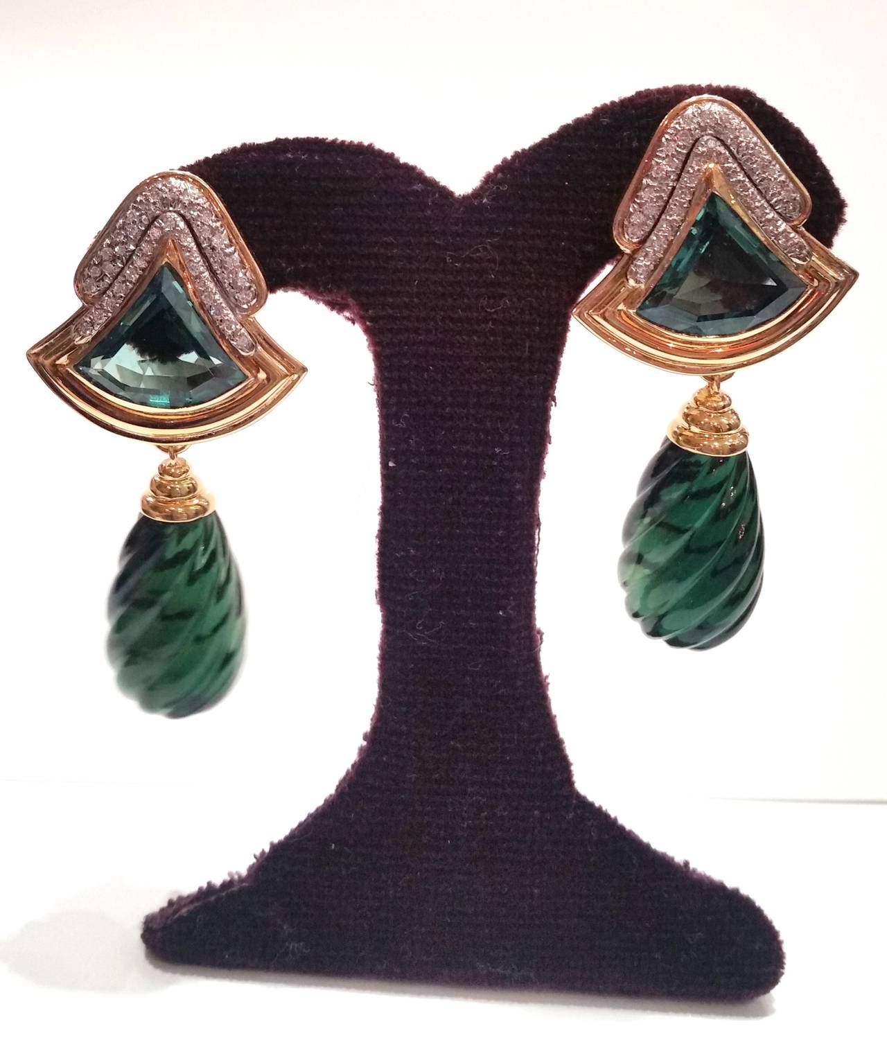 Green Tourmaline Diamond Gold Ear Clips