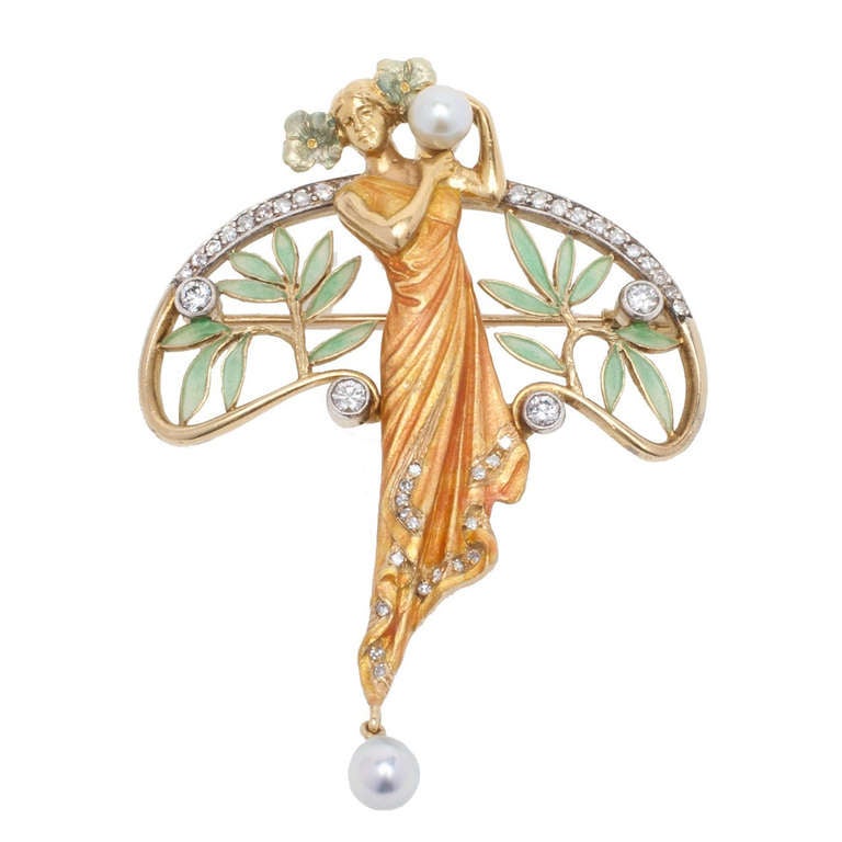 Masriera and Carreras Pearl Plique a Jour Gold Pendant Brooch For Sale