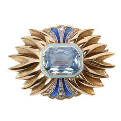 Catalan Art Deco Enamel Blue Spinel Diamond Gold Brooch