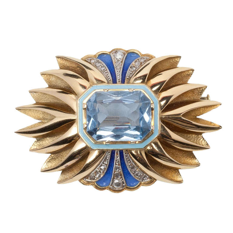 Catalan Art Deco Enamel Blue Spinel Diamond Gold Brooch For Sale