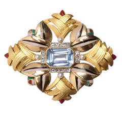 Catalan Art Deco: Gold, Blue Spinel, Diamond, Pearl and Enamel Brooch