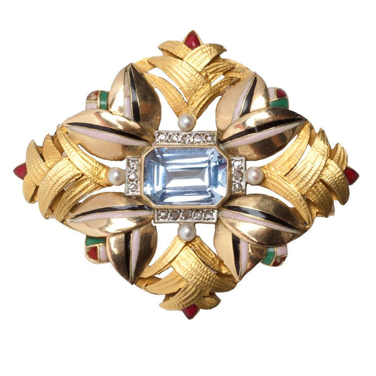 Catalan Art Deco: Gold, Blue Spinel, Diamond, Pearl and Enamel Brooch For Sale