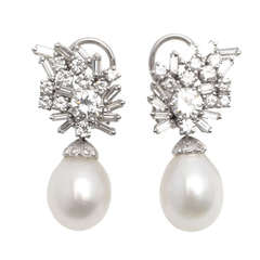 1950s Pearl Diamond White Gold Earrings