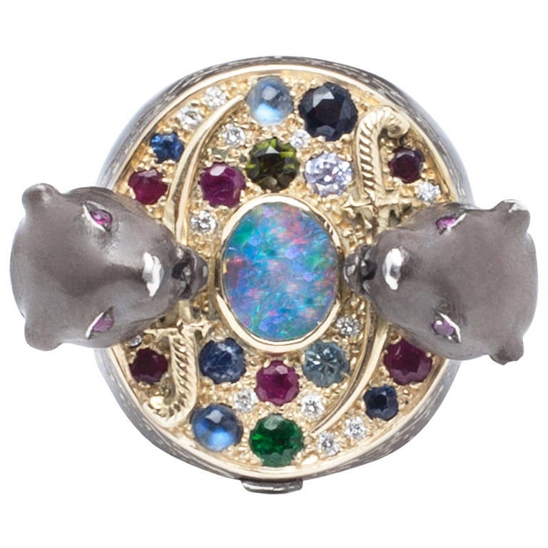 Contemporary Opal Ruby Sapphire Emerald Diamond Silver and Gold Ring For Sale