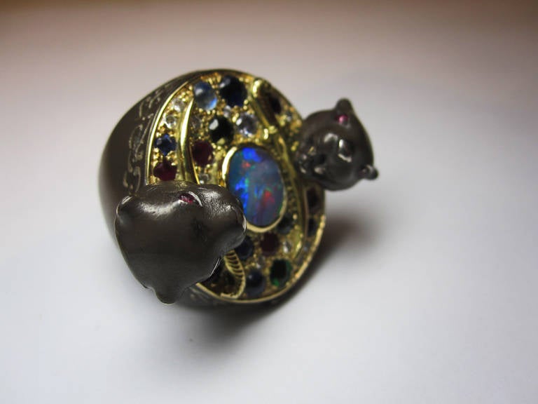 Contemporary Opal Ruby Sapphire Emerald Diamond Silver and Gold Ring