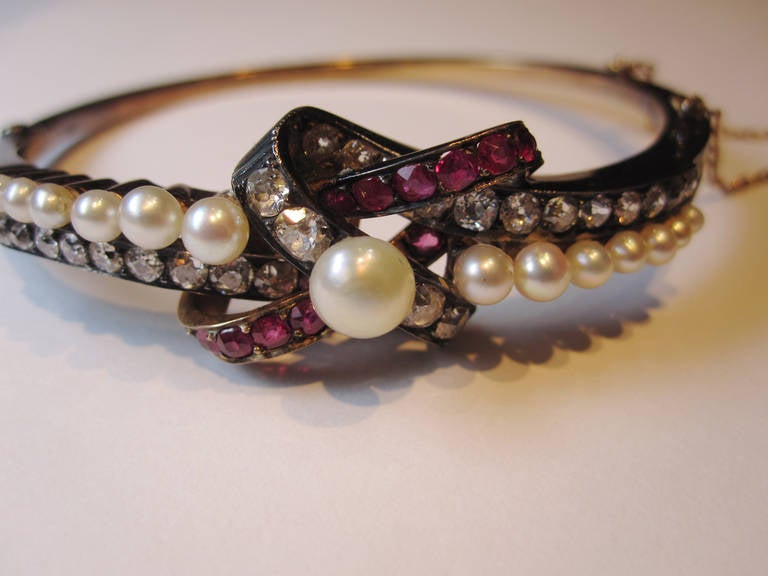 Victorian 19th Century Pearl Ruby Diamond Bangle For Sale