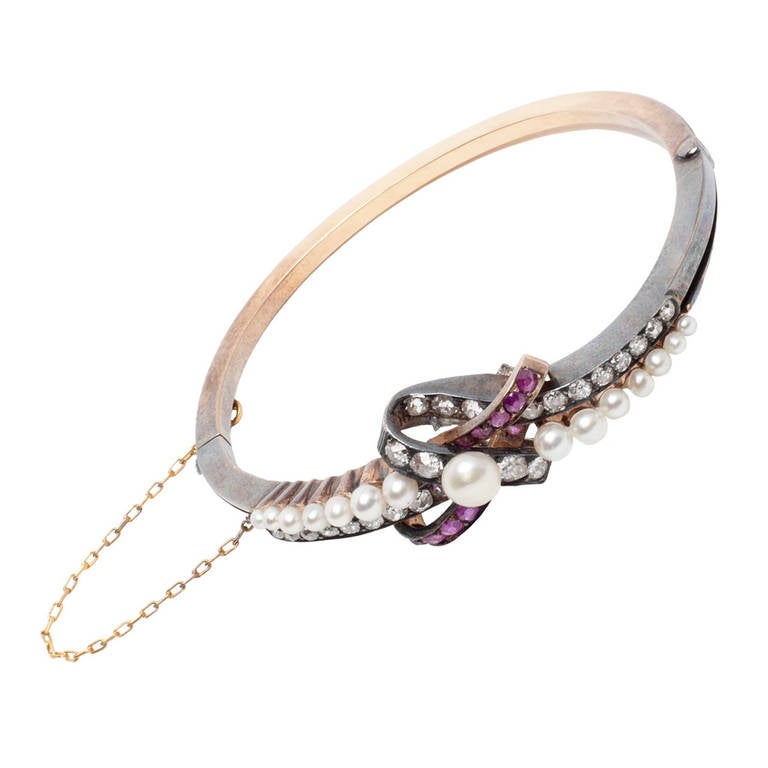 19th Century Pearl Ruby Diamond Bangle For Sale