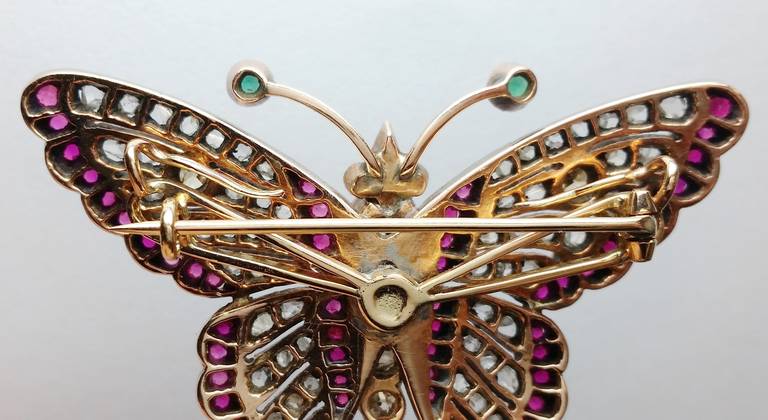 Women's 19th Century Ruby Emerald Diamond Butterfly Brooch For Sale