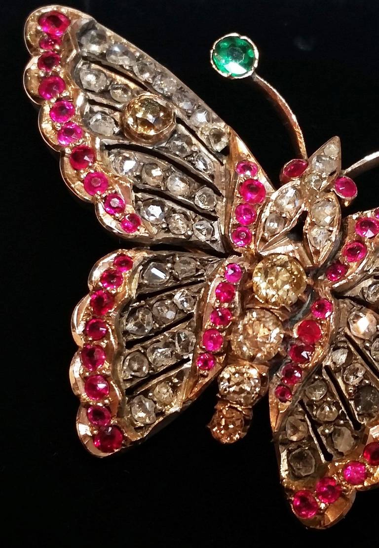 Victorian 19th Century Ruby Emerald Diamond Butterfly Brooch For Sale