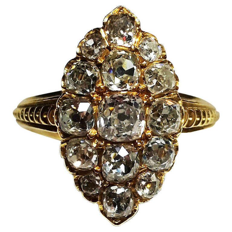 Antique Diamond Gold Navette Shaped Ring For Sale