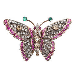 19th Century Ruby Emerald Diamond Butterfly Brooch