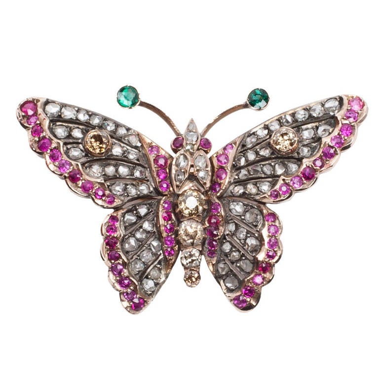 19th Century Ruby Emerald Diamond Butterfly Brooch For Sale