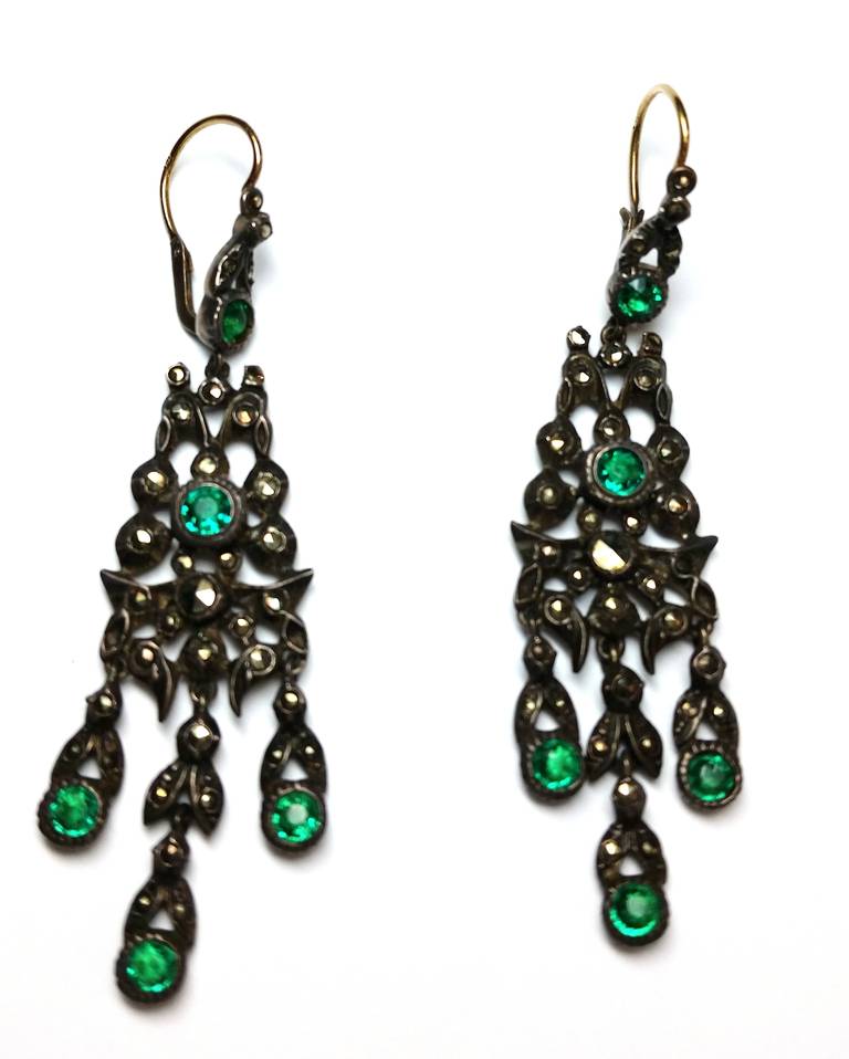 Antique Spanish popular earrings in gold, silver, green glass and marcasite.