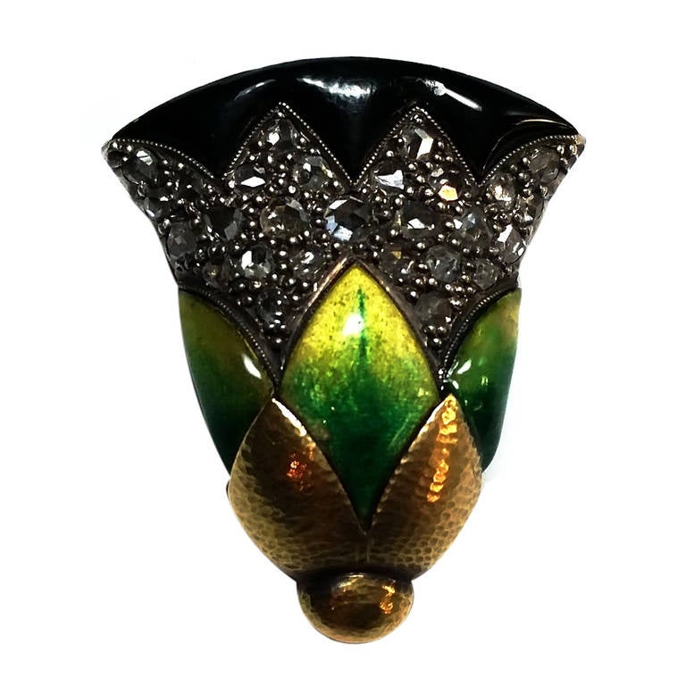 Catalan Art Deco Enamel Diamond  Silver Gold Dress Clip For Sale