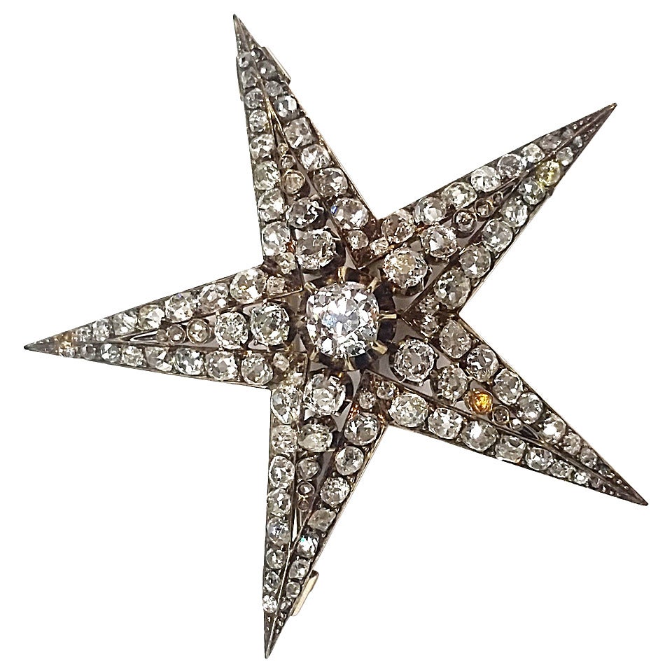 French Diamond Yellow Gold Star Brooch For Sale