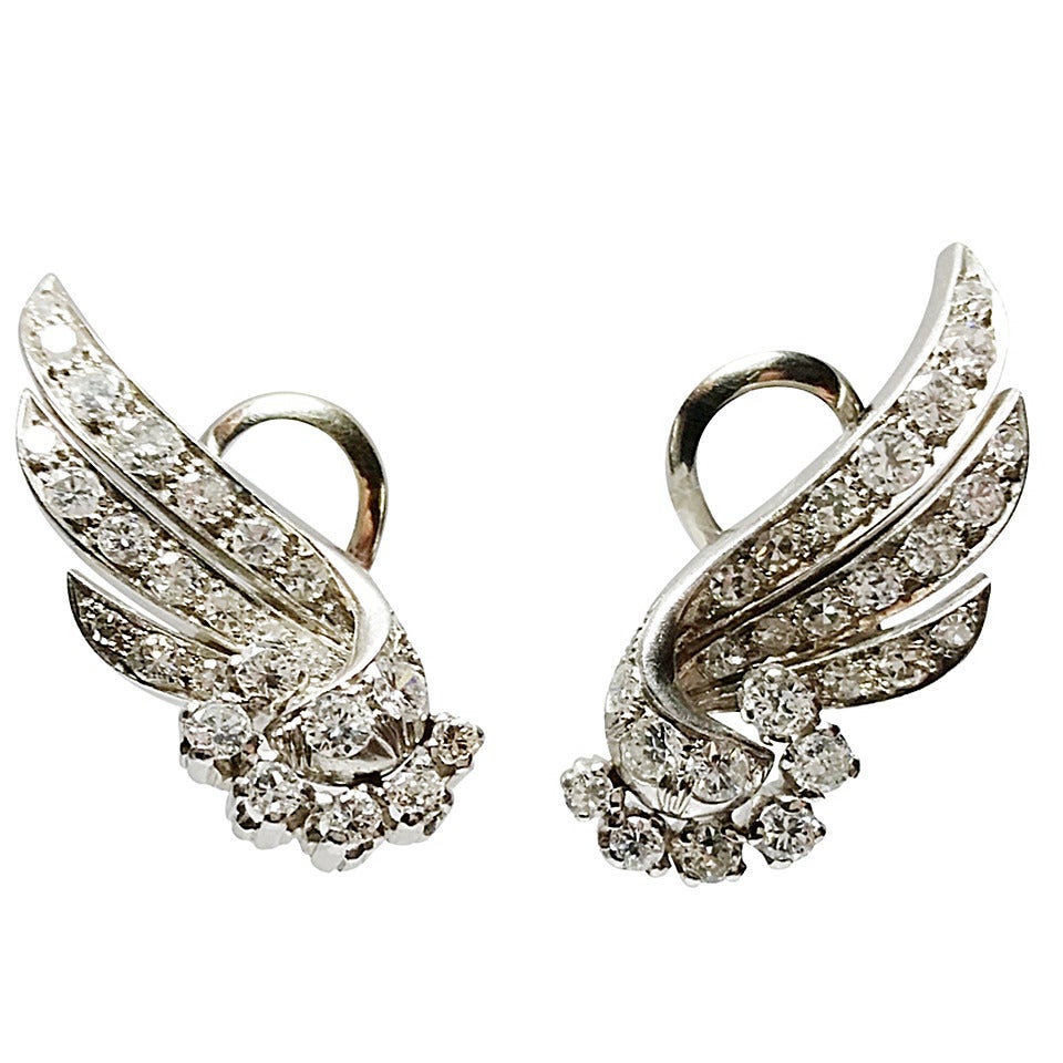 Diamond Platinum Wing Earrings/Clips For Sale at 1stDibs