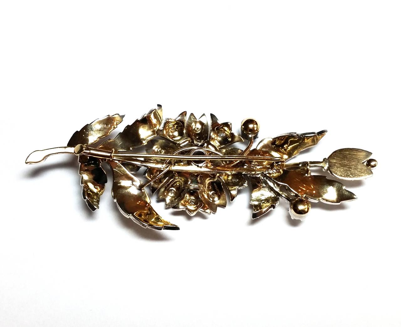 Victorian Antique Diamond Silver Gold Flower Brooch For Sale