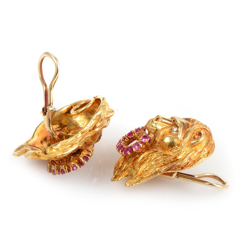 Cellino Ruby Diamond Yellow Gold Lion Head Clip-On Earrings